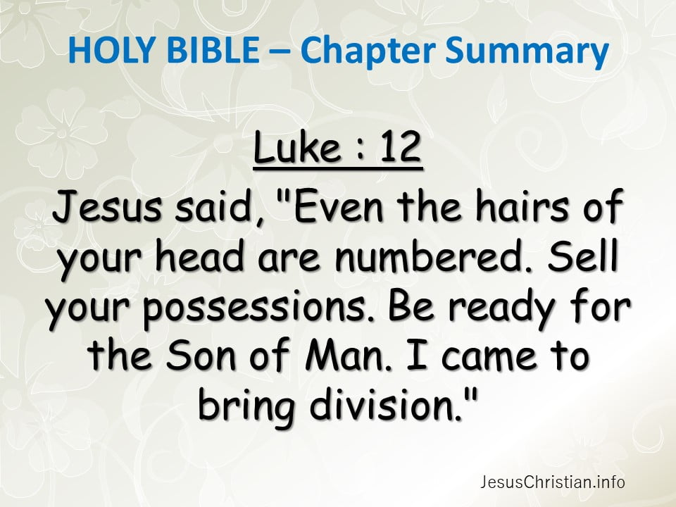 Jesus said, "Even the hairs of your head are numbered. Sell your possessions. Be ready for the Son of Man. I came to bring division."