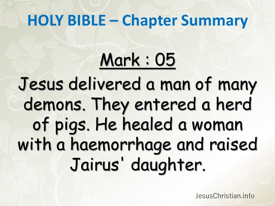 Jesus delivered a man of many demons. They entered a herd of pigs. He healed a woman with a haemorrhage and raised Jairus' daughter.